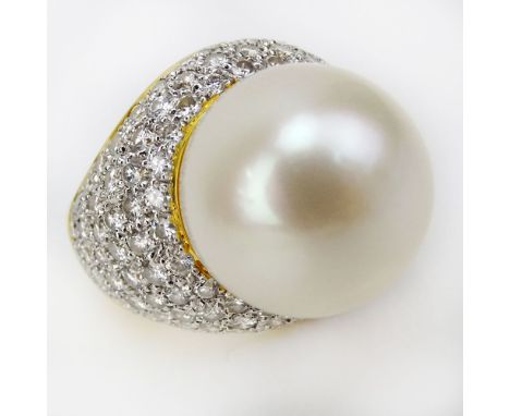 Large 17mm South Sea Pearl, Approx. 3.85 Carat Round Brilliant Cut Diamond and 18 Karat Yellow Gold Ring. Diamonds F-G color,