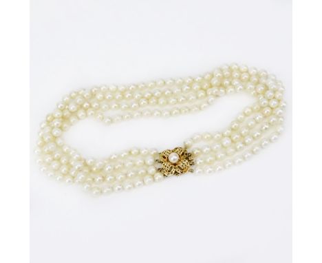 Vintage Four Strand 6mm Pearl Necklace with 14 Karat Yellow Gold Clasp. Signed 14K. Good vintage condition. Measures 14-1/2" 