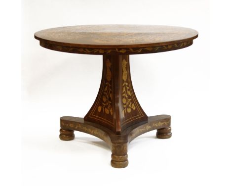 Antique Dutch Baroque Style Mixed Wood Marquetry Center Table on a tripod, footed base, the top, apron and base inlaid with e