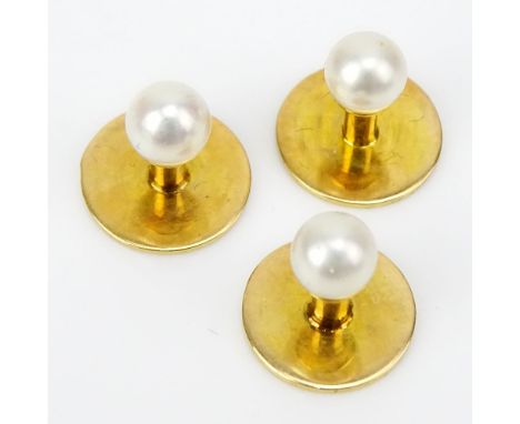 Vintage Sir John Bennett LTD, London Boxed Set of Three 14 Karat Yellow Gold and Pearl Shirt Studs. Pearls measure 4.5mm. Goo