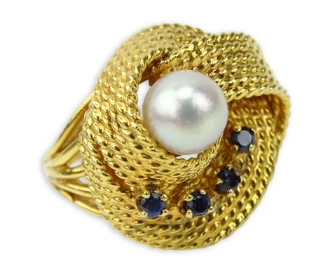 Retro 14 Karat Yellow Gold, Pearl and Sapphire Ring. Pearl measures 7-1/2mm. Signed 14K. Good condition. Ring size 5. Approx.