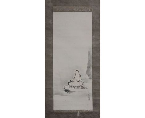 Vintage Japanese Watercolor Scroll Painting on Paper. Depicts seated figure near water. Calligraphy and red seal mark. Some c