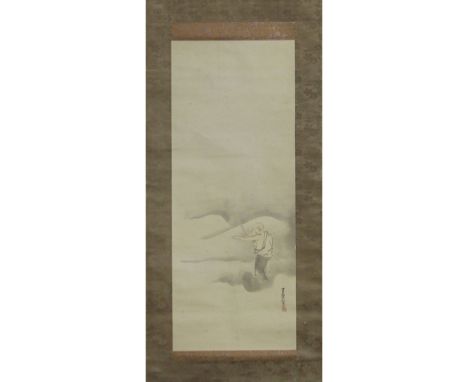 Vintage Japanese Watercolor Scroll Painting on Paper. Depicts a swordsman and mountain scene. Calligraphy and red seal mark. 