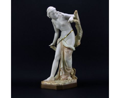 Large Royal Worcester Porcelain Figure "The Bather Surprised" Signed with backstamp on bottom and impressed T. Brock on back.