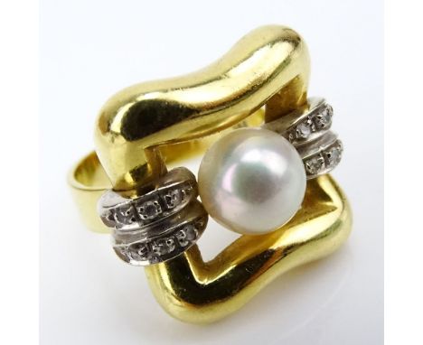 Vintage Italian 18 Karat Yellow Gold, Pearl and Diamond Ring. Pearl measures 8mm. Stamped Italy 18K. Good vintage condition. 