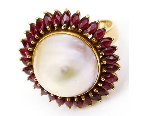 Lady's Vintage 18mm Mabe Pearl, Marquise Cut Ruby and 14 Karat Rose Gold Ring. Rubies with good saturation of color. Pearl wi