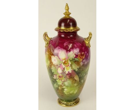 Royal Bonn Porcelain Handled Floral Covered Urn. Hand Painted Orchids with a Burgundy Ground. Gold  Decorated Cap, Handles an