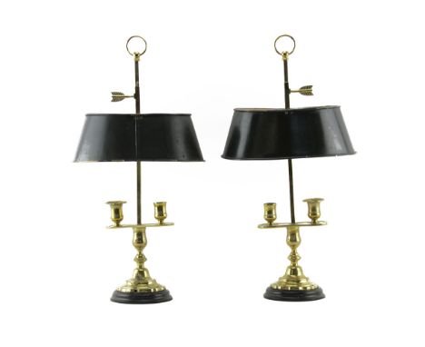 Pair of Vintage Bouillotte Style Brass Desk Lamps with Painted Metal Shade. Needs to be wired, rubbing to brass, Missing 1 bo