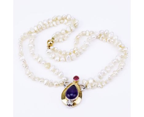 Vintage Double Strand Baroque Pearl Necklace with 14 Karat Yellow Gold, Cabochon Amethyst and Cabochon Tourmaline Pendant. Si