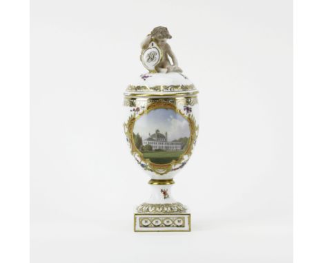 Royal Copenhagen Hand Painted Porcelain Covered Urn with Hand Painted Topographical Scene of Fredensborg Castle Denmark and M