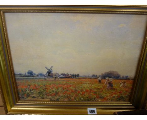 After WILLIAM K BLACKLOCK gilt framed print - flower harvesters with distant windmill
