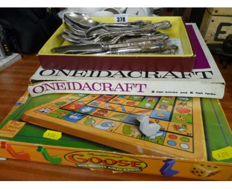 Quantity of King's pattern table cutlery, an Oneidacraft boxed stainless steel fish set and a vintage boxed 'Goose' board gam