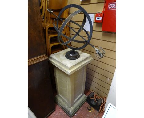 Sandstone effect pillar with armillary sundial to the top