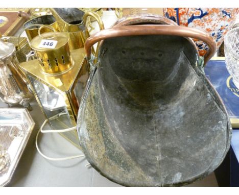 Antique copper coal scuttle and a vintage style brass lamp