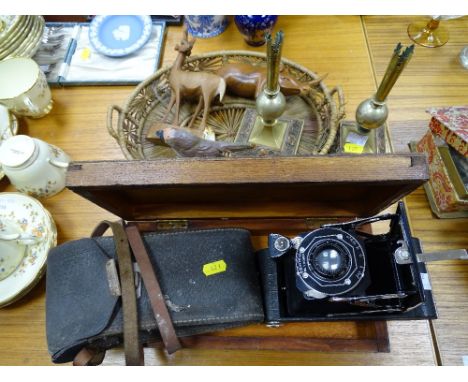 Vintage bellows camera, pair of early mixed metal epergne holders etc