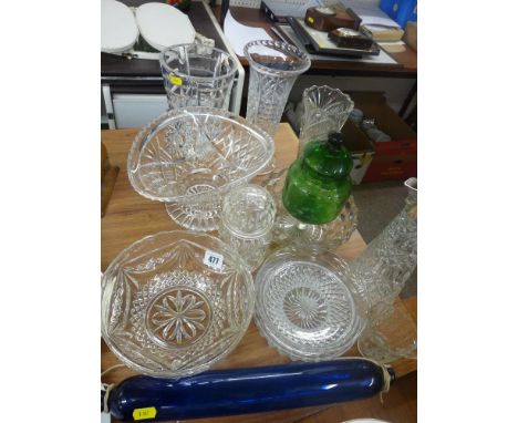 Good selection of cut and other glassware including a Bristol blue rolling pin