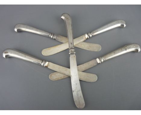 Five vintage butter knives, the pistol grip handles in hallmarked silver