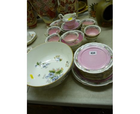 Pink and floral decorated part tea service and a Royal Worcester 'Florena' fruit bowl