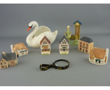 Phillip Laureston group of collectable buildings, tortoiseshell effect magnifier, vintage children's thermometer etc