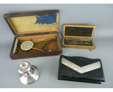 Hallmarked silver squat candlestick, two vintage boxes containing drawing instruments etc and an ebony lidded box with white 