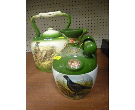 Pheasant decorated ceramic tea kettle and a Montrose Potteries whisky flask for Rutherfords Scotch whisky