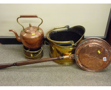 Victorian copper kettle, long handled copper warming pan and other vintage metalware