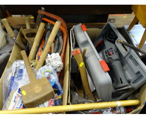 Two boxes of garden tools including bow saws, mallets and a case containing a 550w Performance multi-purpose saw, model no. F