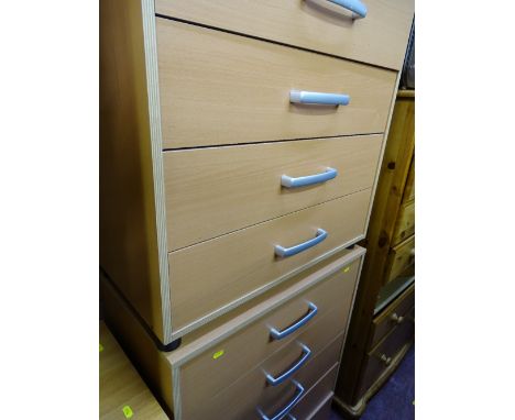 Pair of light wood effect melamine five drawer chests and matching pair of three drawer bedside chests along with one other