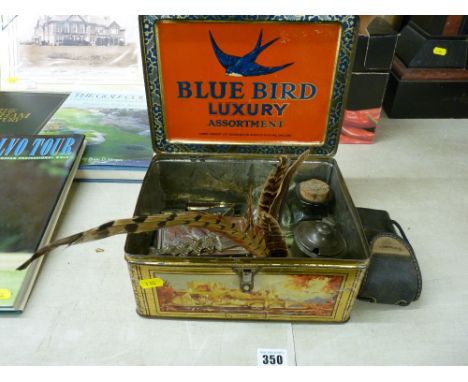 Tin containing vintage inkwells and other desktop items etc