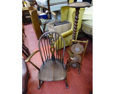 Dark wood Ercol rocking chair, barley twist planter stand and carved cakestand
