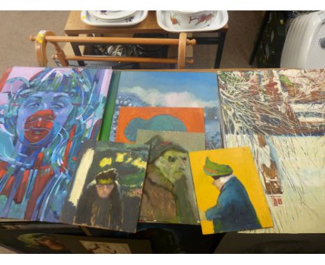 JOHN CHERRINGTON fourteen oils on board including psychedelic and other portrait studies, three cottage autumn and winter sce