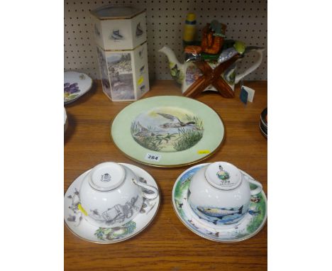 Pointers of London vase, a Tony Carter collector's teapot and two Royal Worcester cups and saucers, all having coarse, salmon