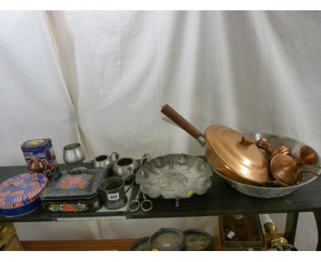 Mixed collection of pewter and other metalware and three vintage style tins