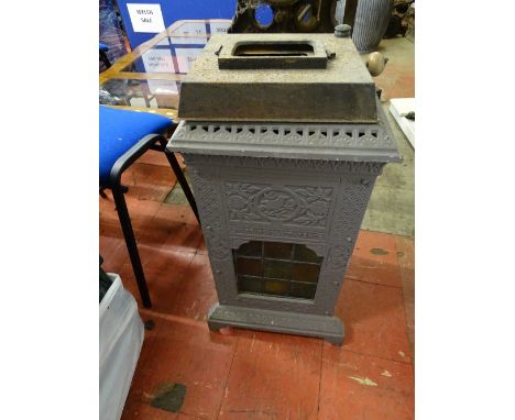 Vintage metal ornate patio heater/stove? with multi coloured leaded glass inserts