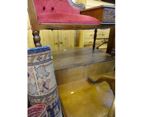 Modern reproduction button backed telephone table with drawer and a compact hall table with lower shelf and two base cupboard