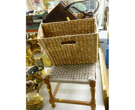 String topped footstool, wicker magazine basket and a vintage lady's handbag
