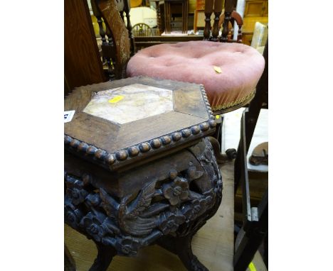 Vintage button upholstered piano stool and a carved marble topped Chinese stand