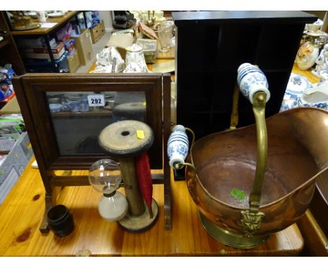 Vintage swing dressing mirror, a mill bobbin with attached sand timer, a vintage style helmet shaped coal scuttle and a moder