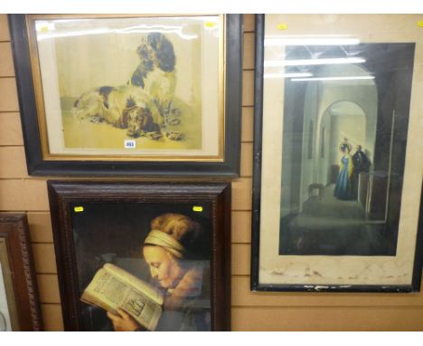 Three framed prints - English spaniels, portrait of Rembrandt's mother after the original by Gerard Dou and a period interior