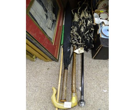 Vintage parasol with porcelain top and silver ferrule, vintage brolly etc