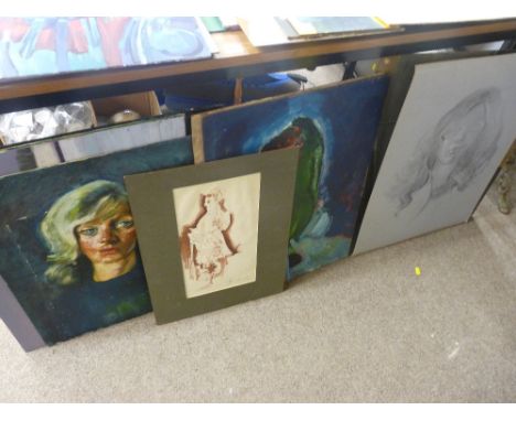 JOHN CHERRINGTON ten drawings and paintings, mostly oils on board of Hereford Bulls, portrait studies etc