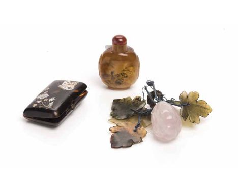 CHINESE HARDSTONE SNUFF BOTTLE, JAPANESE TORTOISESHELL CIGARETTE CASE, AND A PINK STONE APPENDAGE 
the snuff interior painted