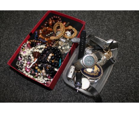 A box of costume jewellery together with  a box of wrist watches - Rotary, Sekonda etc together with a vesta case and fob wat