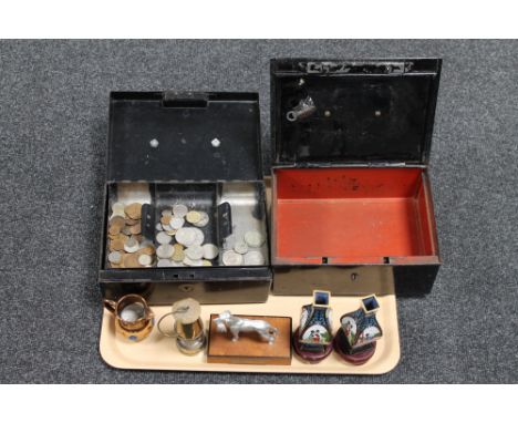 Two vintage metal cash boxes one with key, one containing a small quantity of pre decimal coinage, together with a miniature 