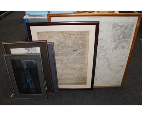 A framed ordnance survey map, 'City of Sunderland and Surrounding Area', a framed map of Newcastle and three other framed pic