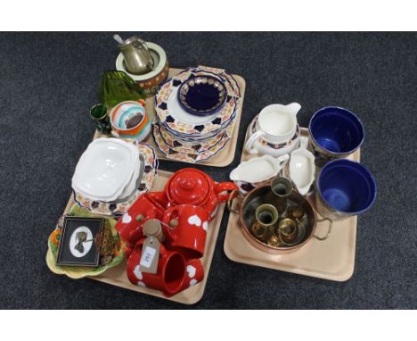 Three trays of china and decorative planters, West German pottery cups and teapot, Carlton dish, portrait miniature, copper t