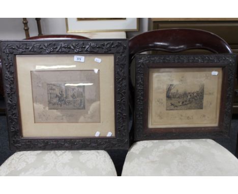 A pair of antique black and white engravings in carved oak frames depicting hunting scenes 'Every Dog has his day', and 'John