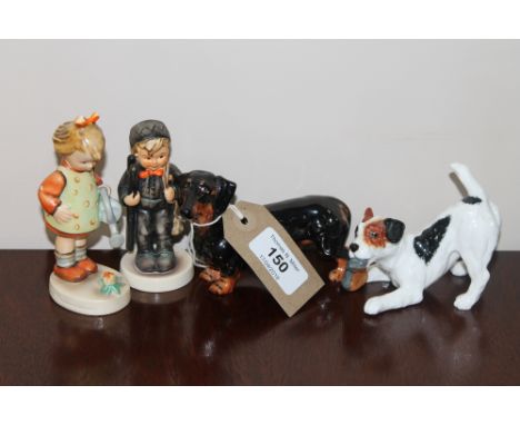 Two Royal Doulton figures, depicting a Dachshund and a Terrier with a slipper, together with two Goebel figurines 