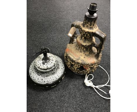 A vintage 1970's rise and fall light fitting, in fat lava style together with a Slien Keramik fat lava West German pottery la