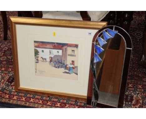 A gilt framed John R Barclay print - Spanish scene, together with a small art deco leaded frameless mirror and David Robertso